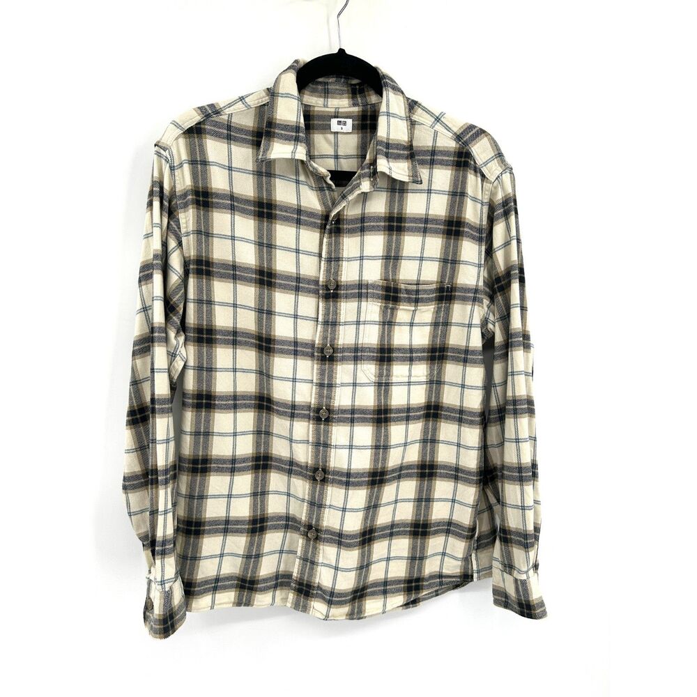 UNIQLO Flannel Plaid Check Button Front Shirt Cream Black Navy Cotton Size Small